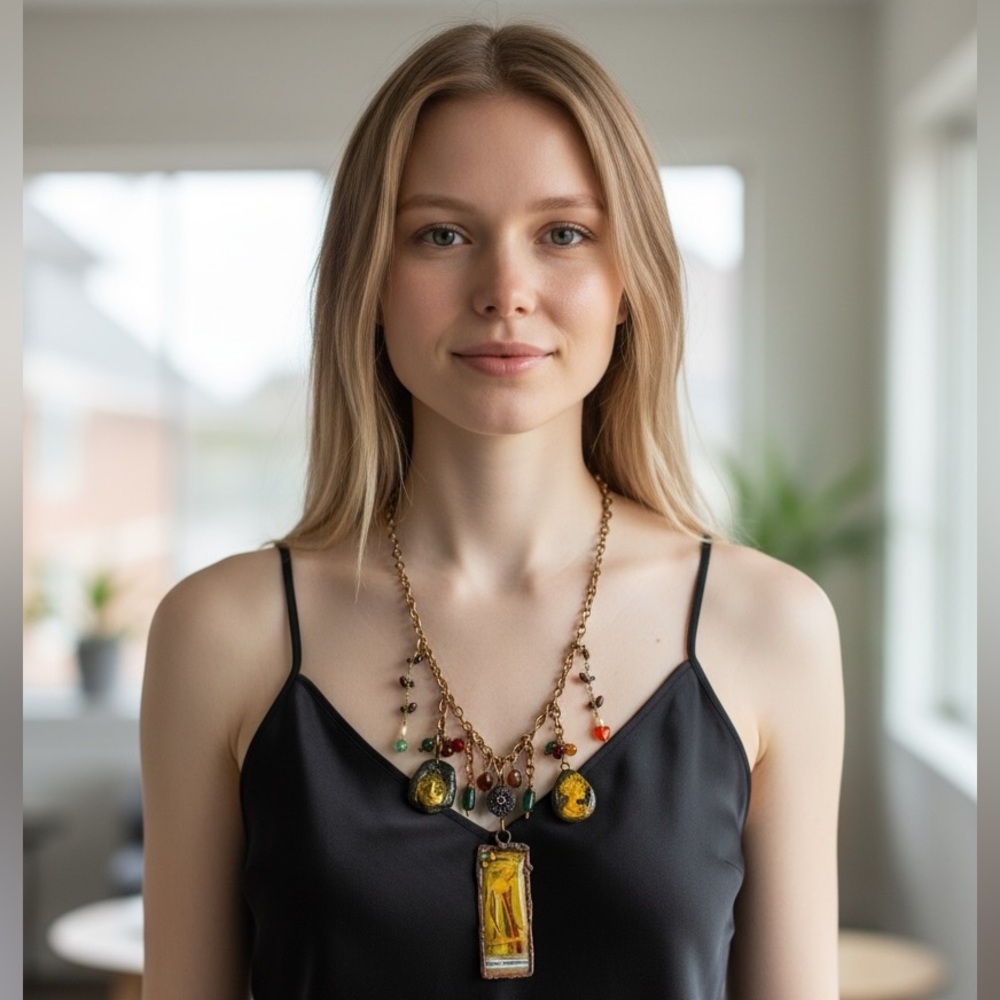 Tiny Art Glass Canvas Glass Pendant Copper Necklace 14th Cen. Italian Noblewoman - Picture 3 of 16